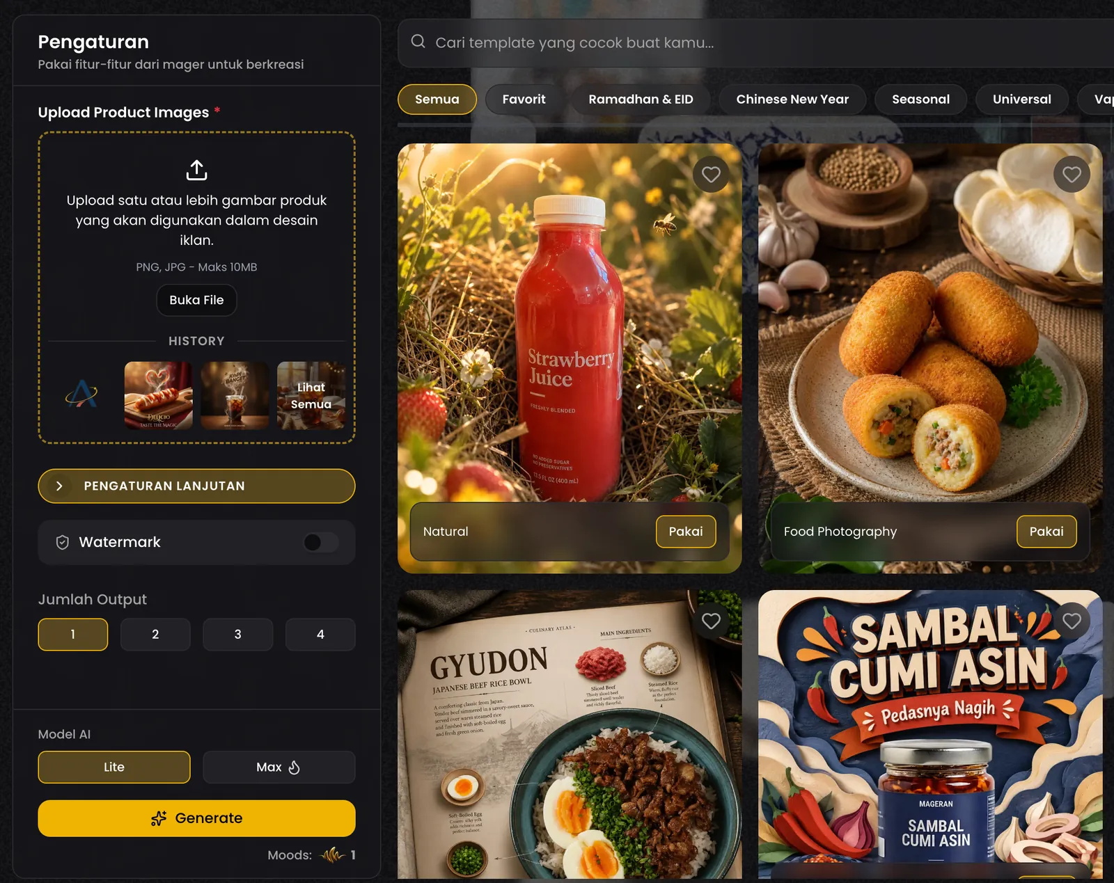 Alur pembuatan gambar produk. Di kiri, unggah produk lalu atur watermark, jumlah output, dan model; di kanan, galeri template yang bisa disaring per kategori.