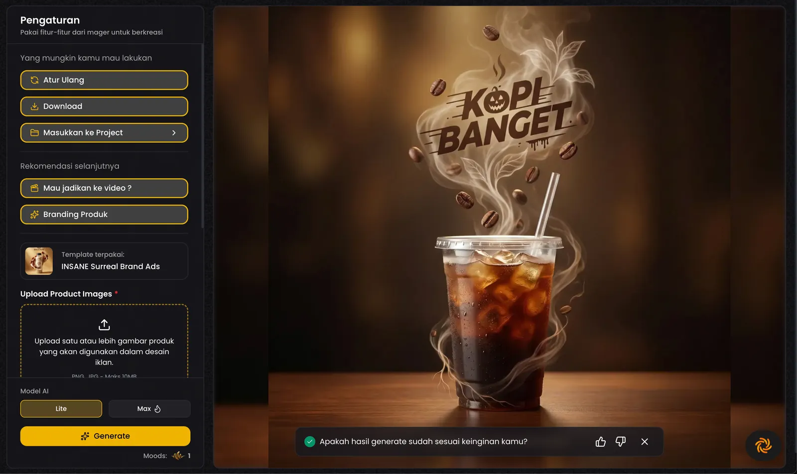 Satu hasil generate yang sudah jadi: iklan produk AI dari satu template, dengan aksi lanjutan berupa atur ulang, download, dan masukkan ke project.