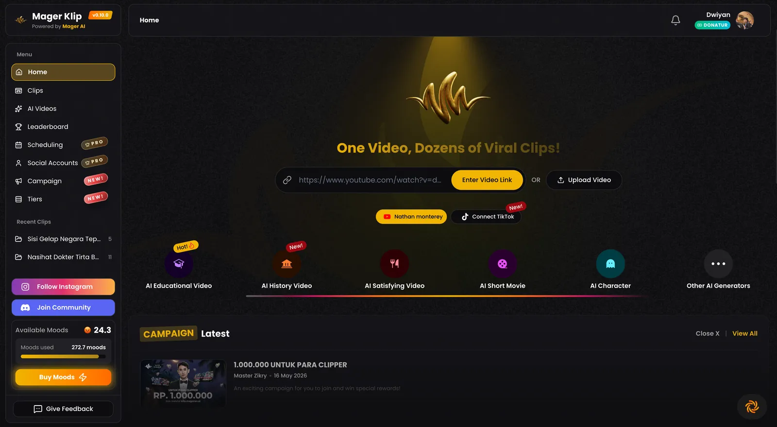 Titik masuknya: tempel tautan YouTube atau unggah video, pilih preset generator, dan lihat akun YouTube serta TikTok yang terhubung.