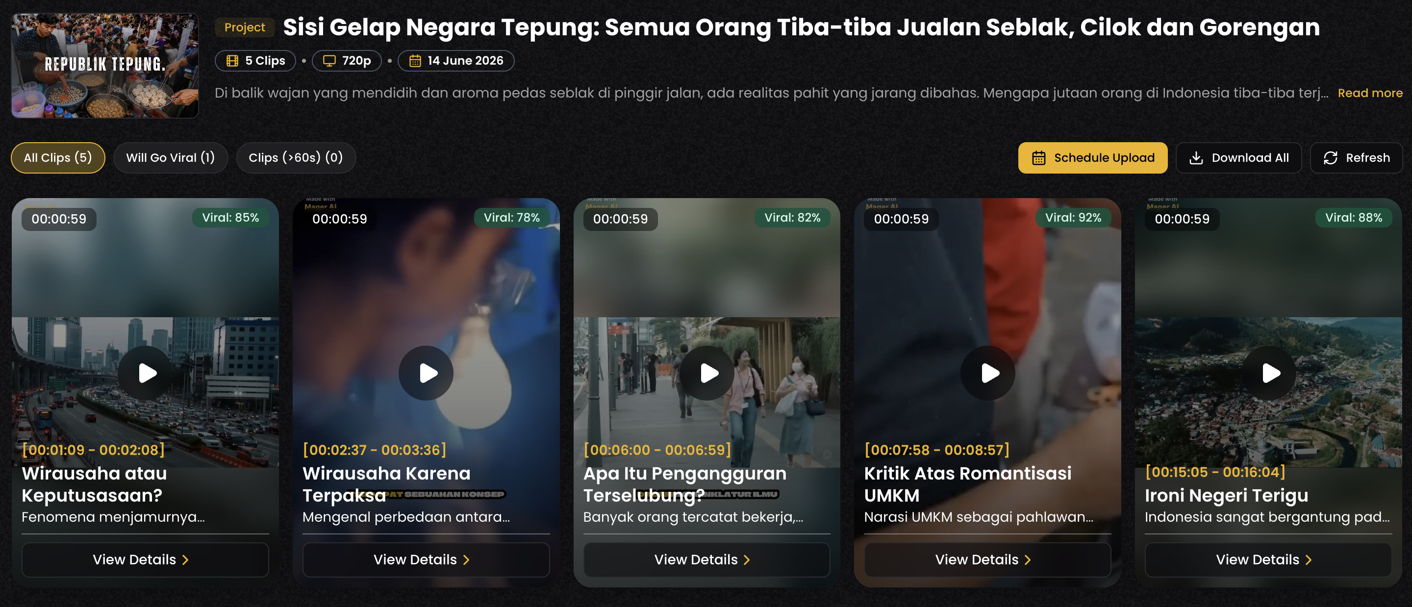 Mager Klip project page showing auto-generated short clips cut from one long video