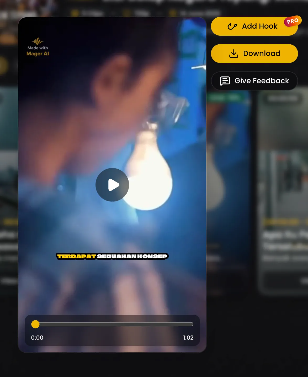 Pemutar klip dengan caption yang sudah tertanam dan watermark, ditambah aksi untuk menambah hook, mengunduh, atau mengirim masukan.