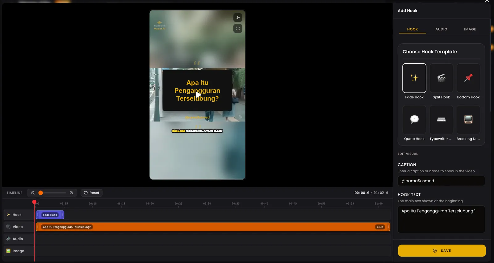 Editor hook: pilih gayanya, tulis caption pembuka, lalu edit trek hook, video, audio, dan gambar di timeline bawah.