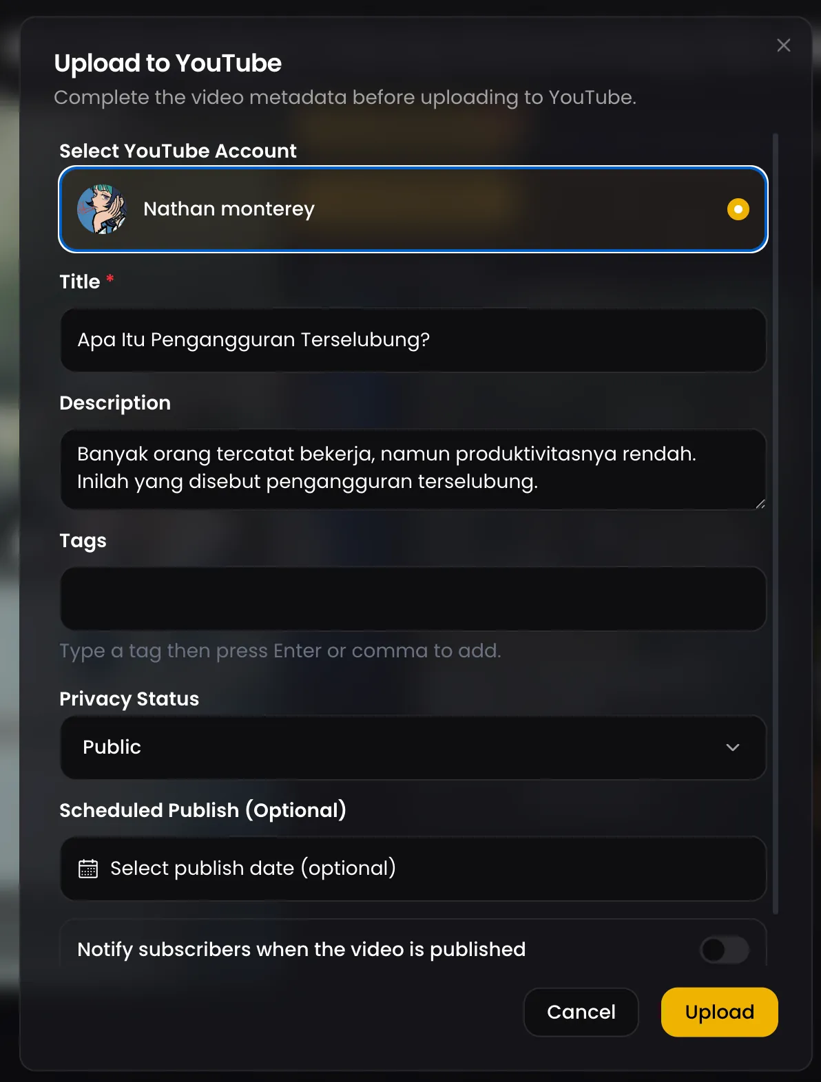 Modal unggah ke YouTube: channel, judul, deskripsi, tag, status privasi, dan jadwal publikasi opsional.