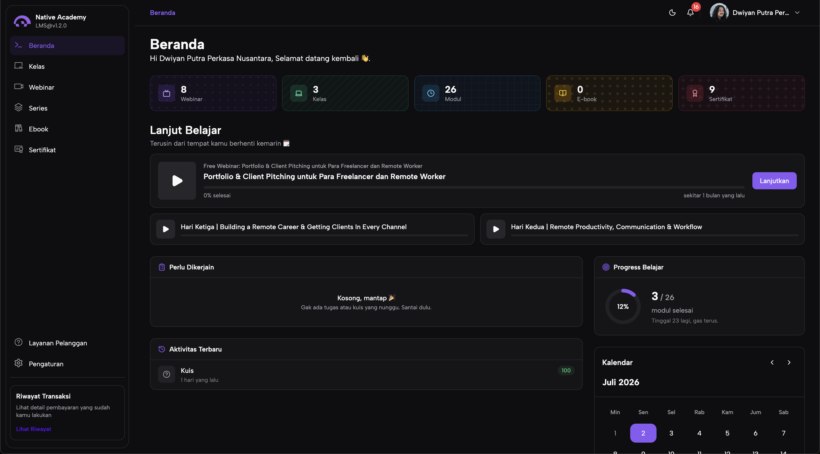 Native Academy LMS student dashboard with classes, progress, and pending tasks