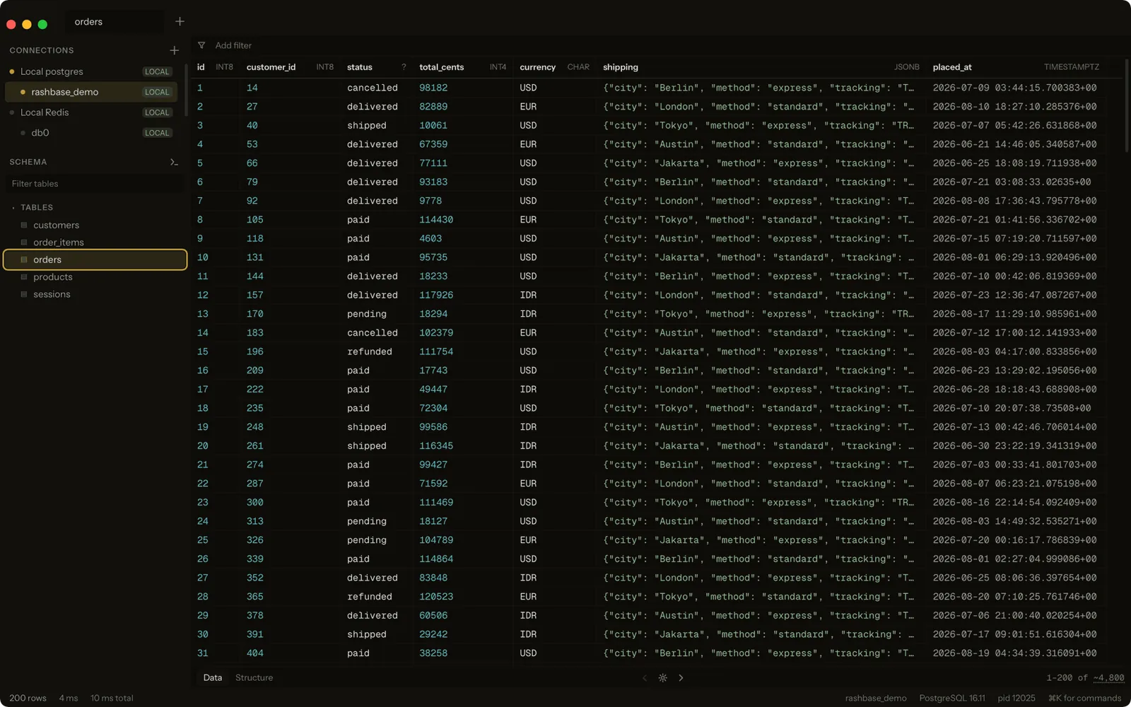 Rashbase Studio browsing a table, with connections grouped by environment and the result grid filling the window