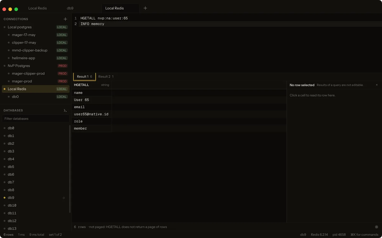 Redis のコマンドコンソール。1行につき1コマンド、それぞれに結果がひとつ返ります。