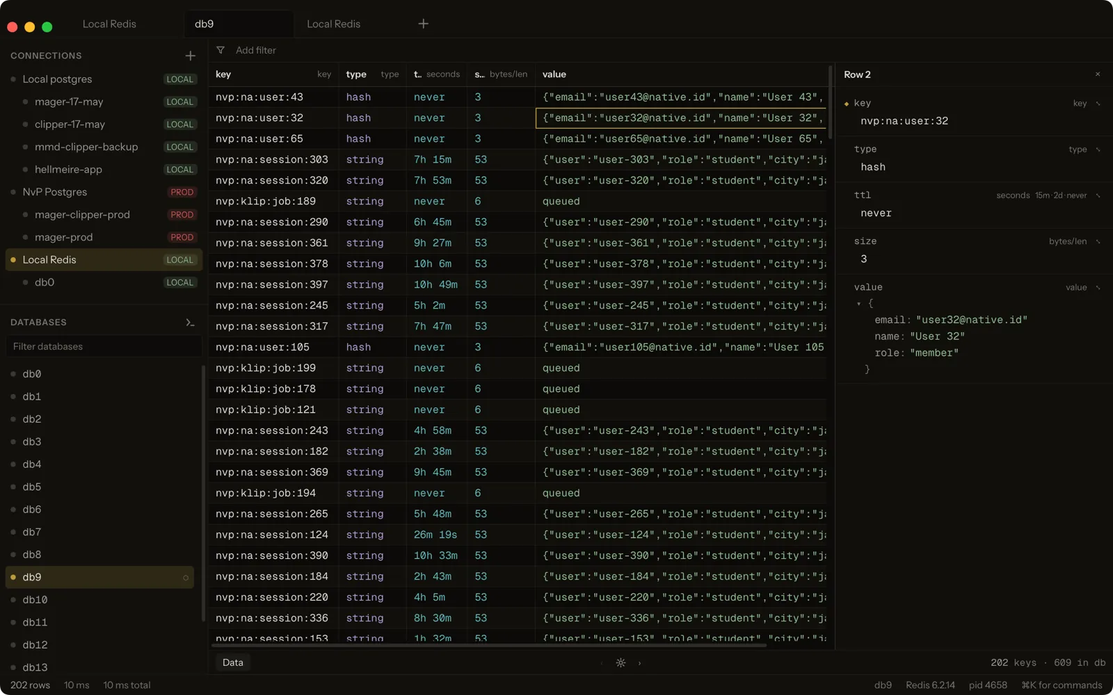 テーブルと同じグリッドで見る Redis のキースペース。TTL はマイナス1ではなく、期間として読めます。