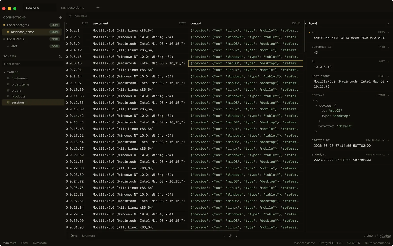 行の詳細パネル。1行を画面幅いっぱいに開き、JSONB はその場でツリーとして展開されます。