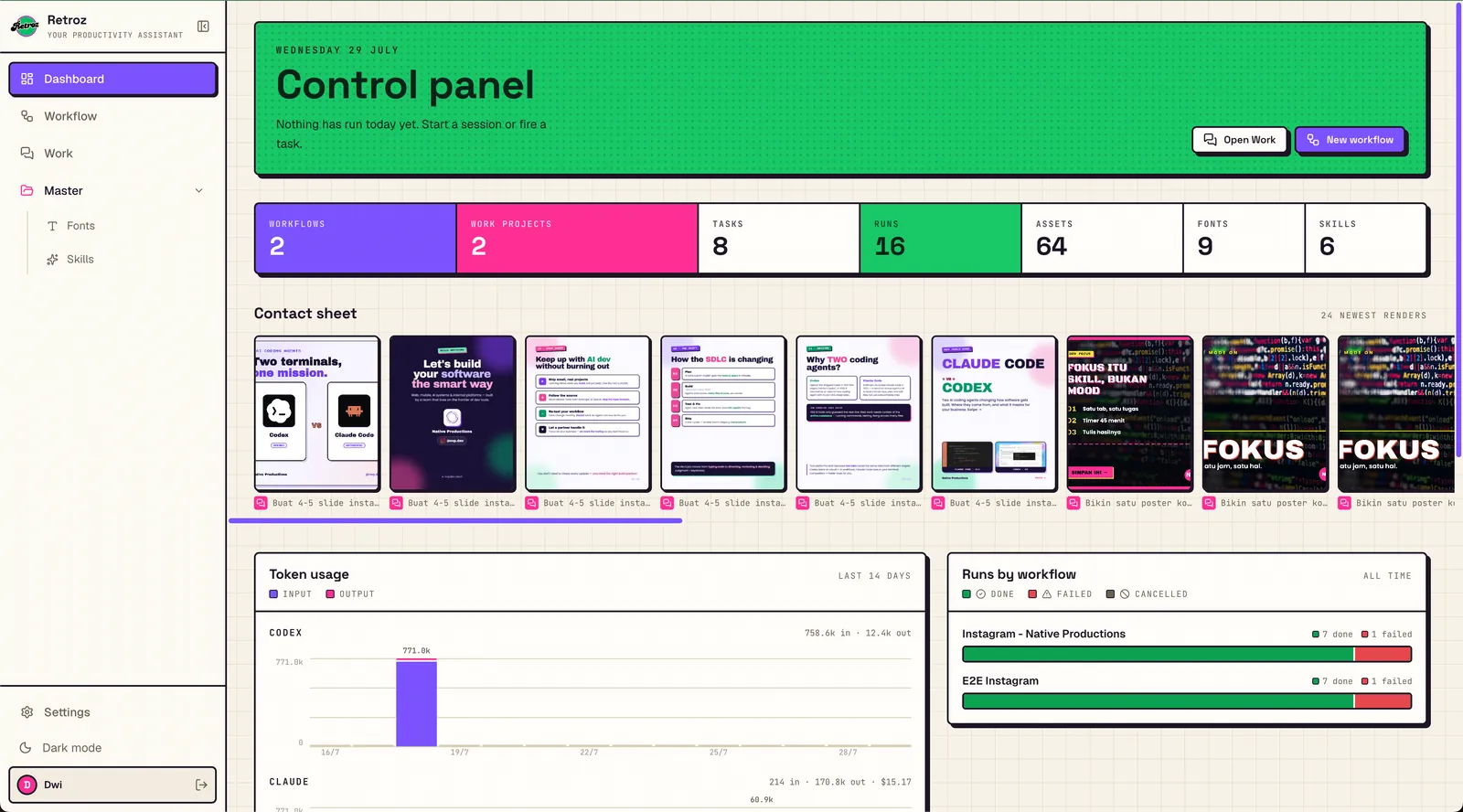 Retroz control panel showing run counts, the newest rendered slides as a contact sheet, and token spend per engine